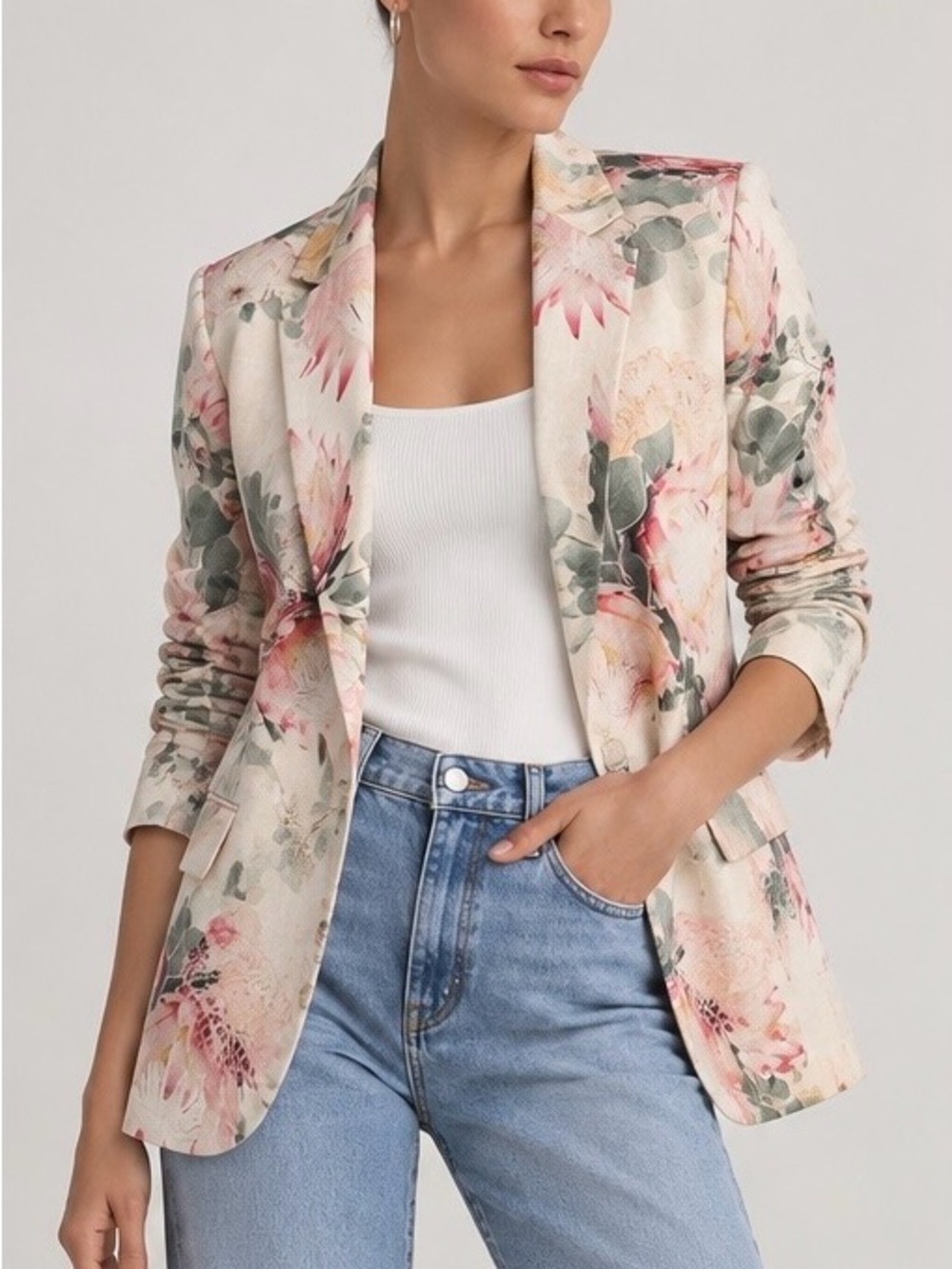 Express NWT Floral Linen Blend Blazer XS Protea Botanical Long Jacket $128